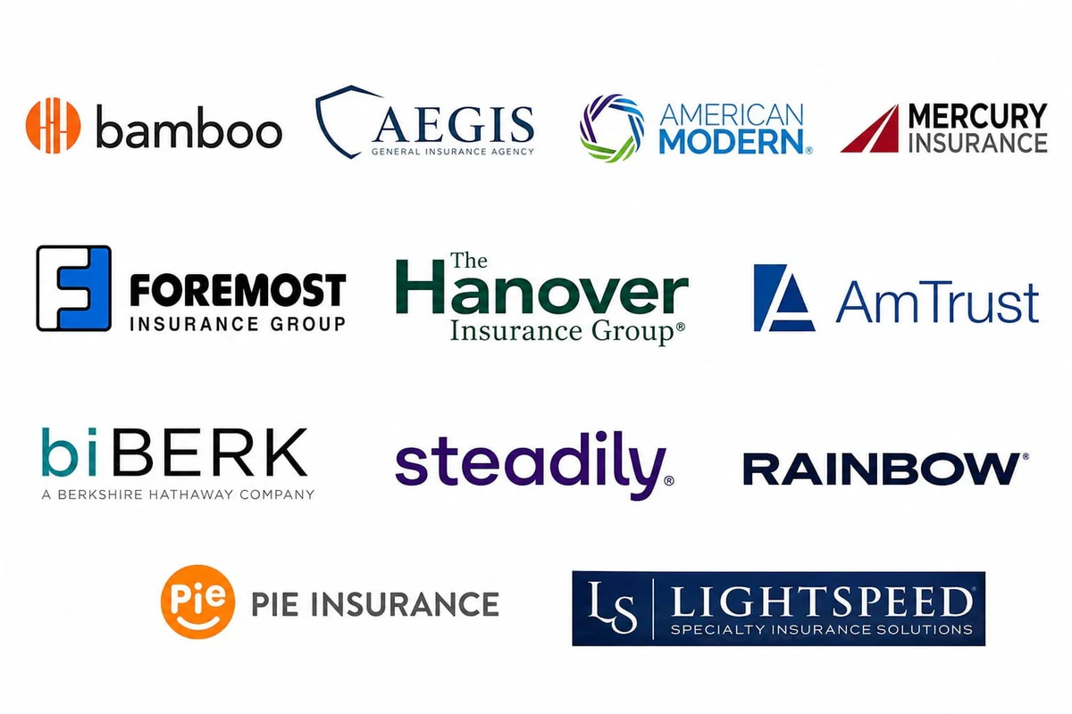 Our carrier partners: Bamboo, Aegis, American Modern, Mercury, Foremost, Hanover, AmTrust, biBERK, Steadily, Rainbow, Pie Insurance, Lightspeed Specialty Insurance Solutions