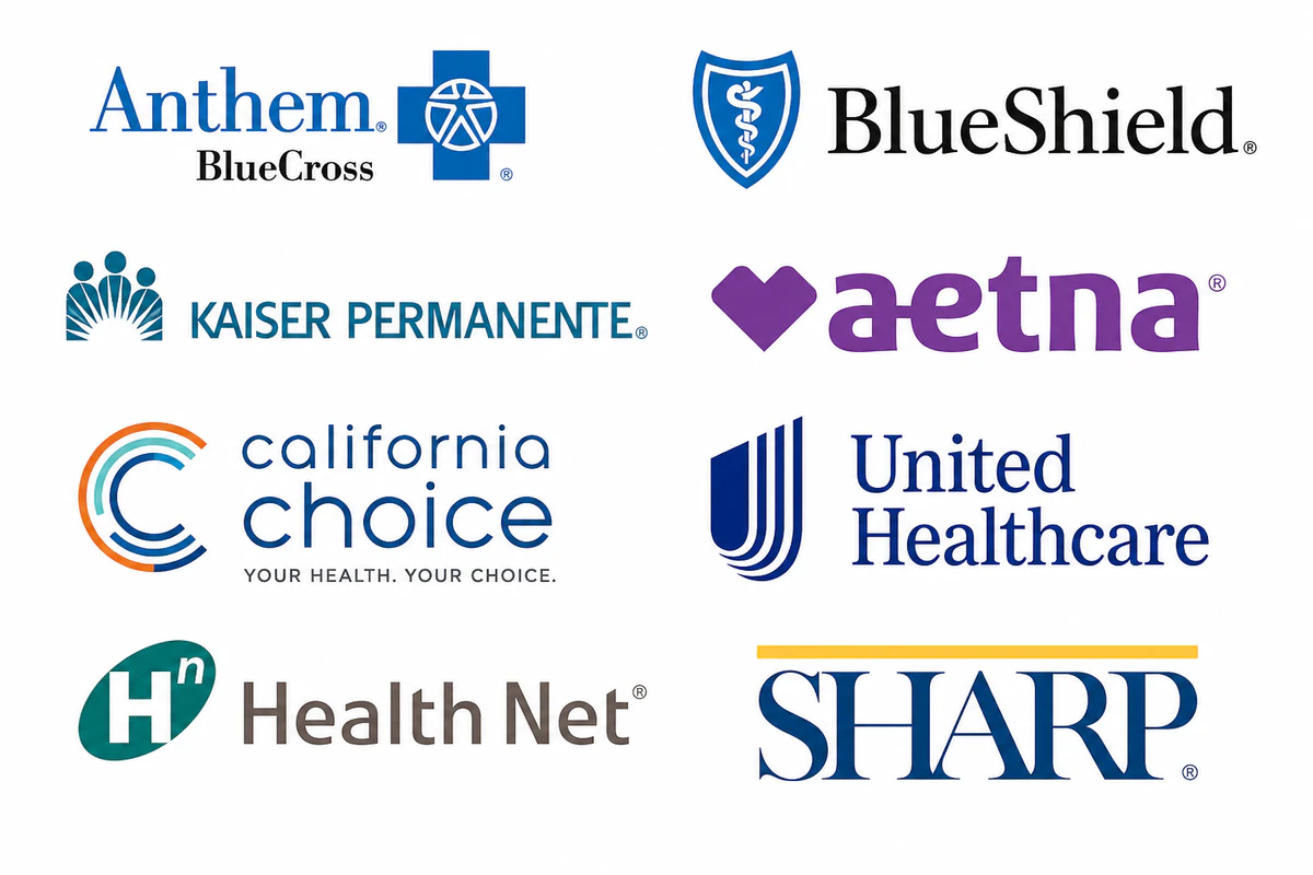 Group health insurance carrier partners including Anthem Blue Cross Blue Shield, Kaiser Permanente, Aetna, California Choice, UnitedHealthcare, Health Net, and Sharp
